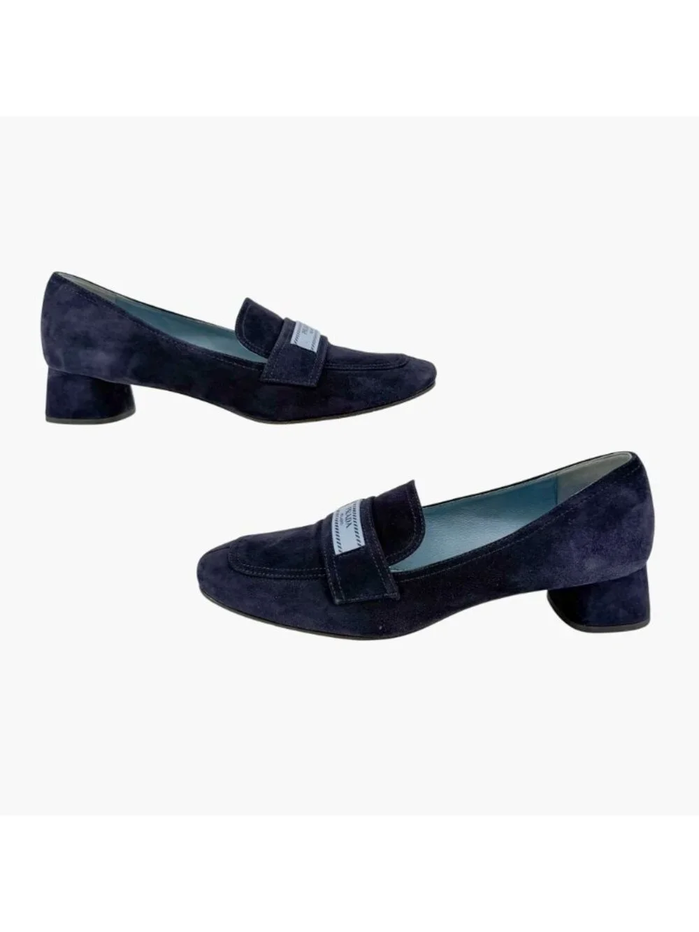 Prada Logo Loafer Pumps Heels Navy Suede Size 37.5 US 7.5 Women’s Blue